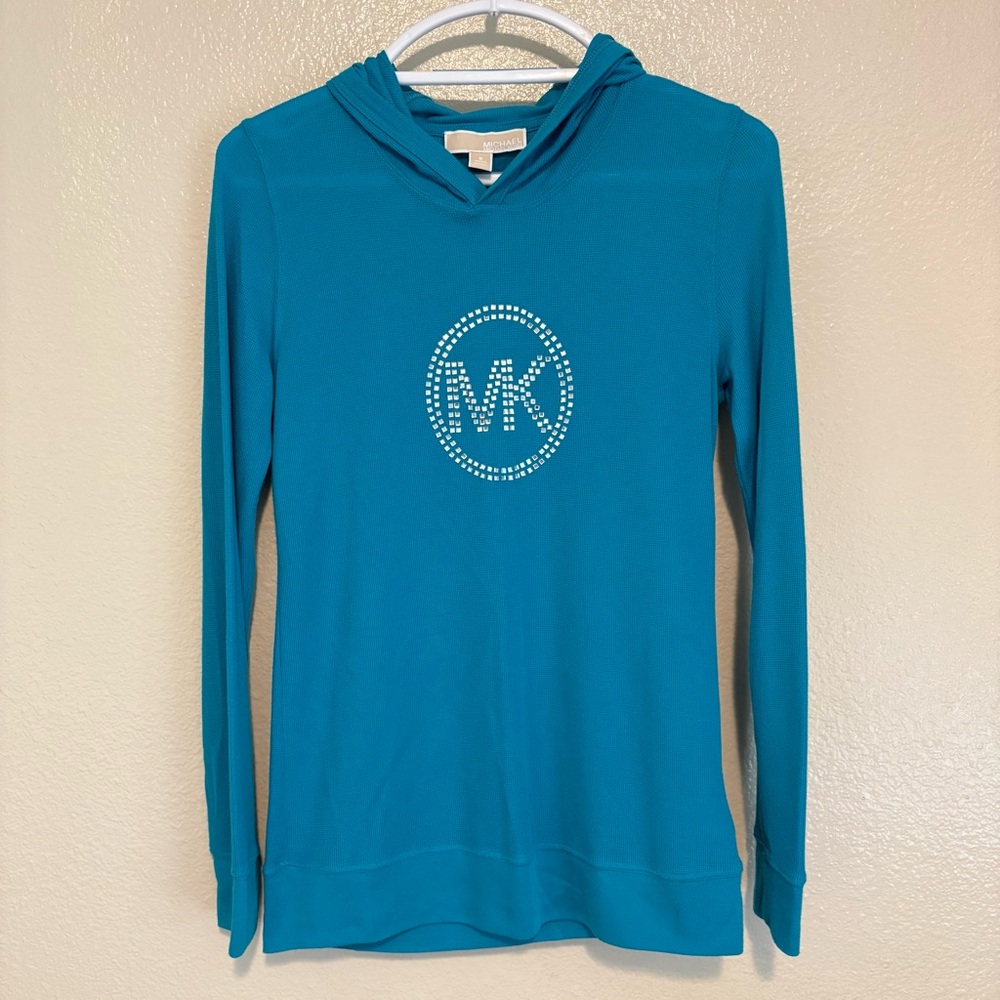 Michael Kors women's hoodie in turquoise with a silver rhinestone MK logo Small